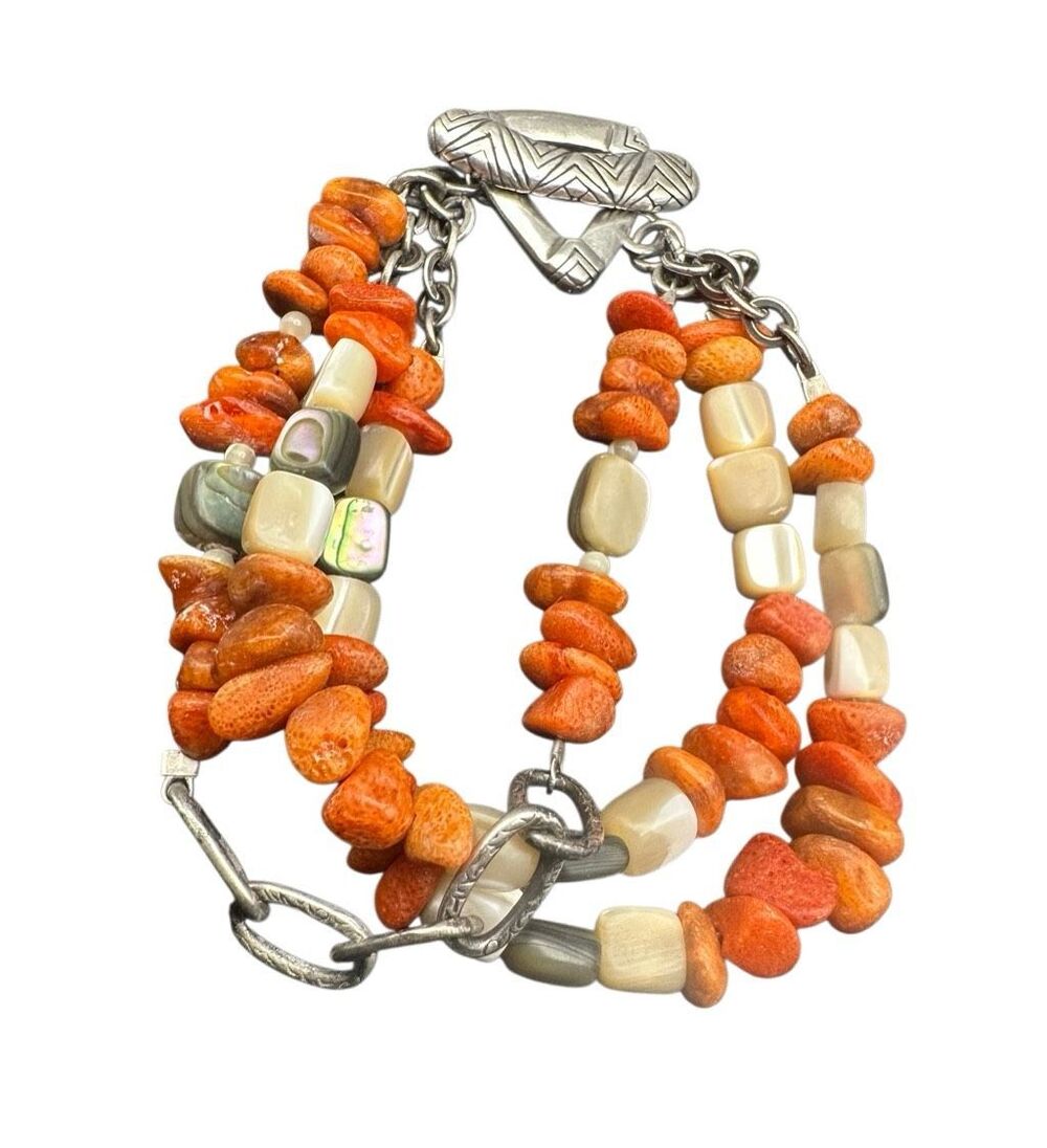 Title:Retired Silpada B1314 Multi-Strand Coral & Abalone Sterling Silver 925 Tog
